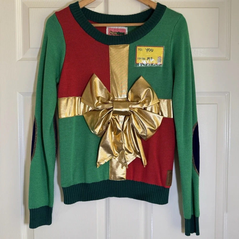 Tipsy Elves Ugly Christmas Sweater Present Gold Womens Pullover Size S
